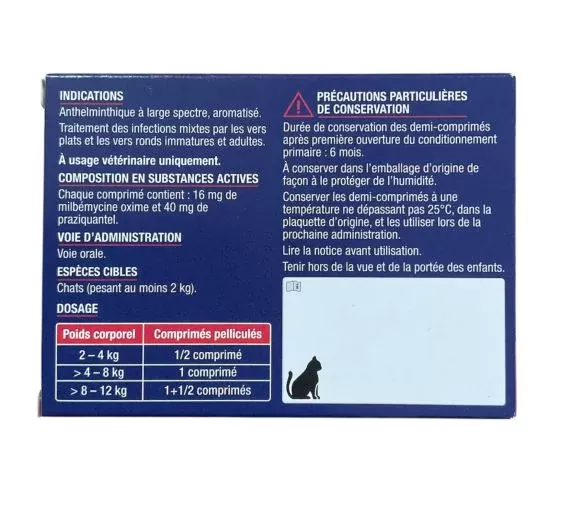Milbémycine Praziquantel – Vermifuge Chat +2kg 2cp – VIATRIS