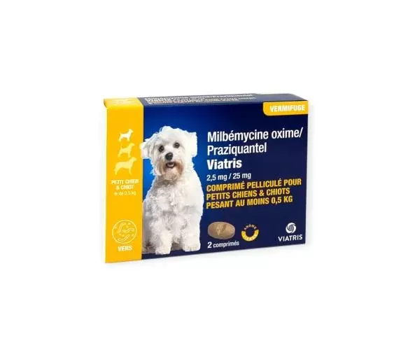 Milbémycine Praziquantel Vermifuge petit chien et chiot +0,5kg Viatris 2 comprimés