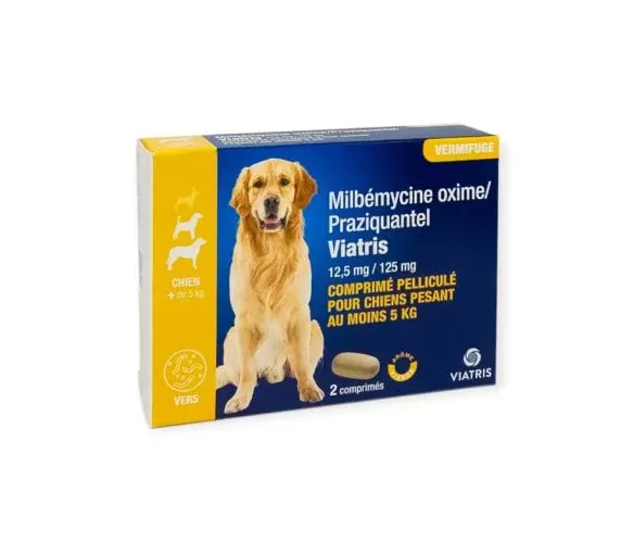 Milbémycine Praziquantel Vermifuge chien +5kg Viatris 2 comprimés